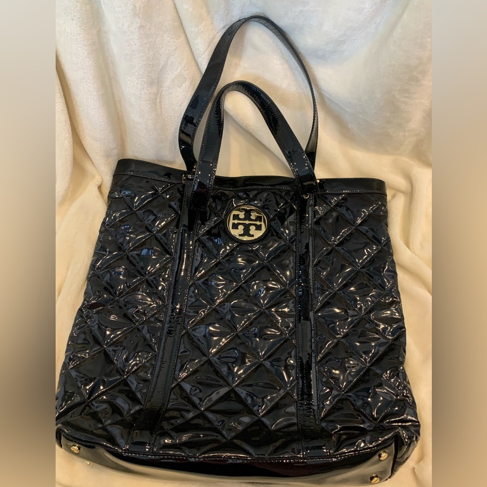 Tory Burch Betty Black Patent Leather Quilted Extra Large Tote - 15"W x 17"H